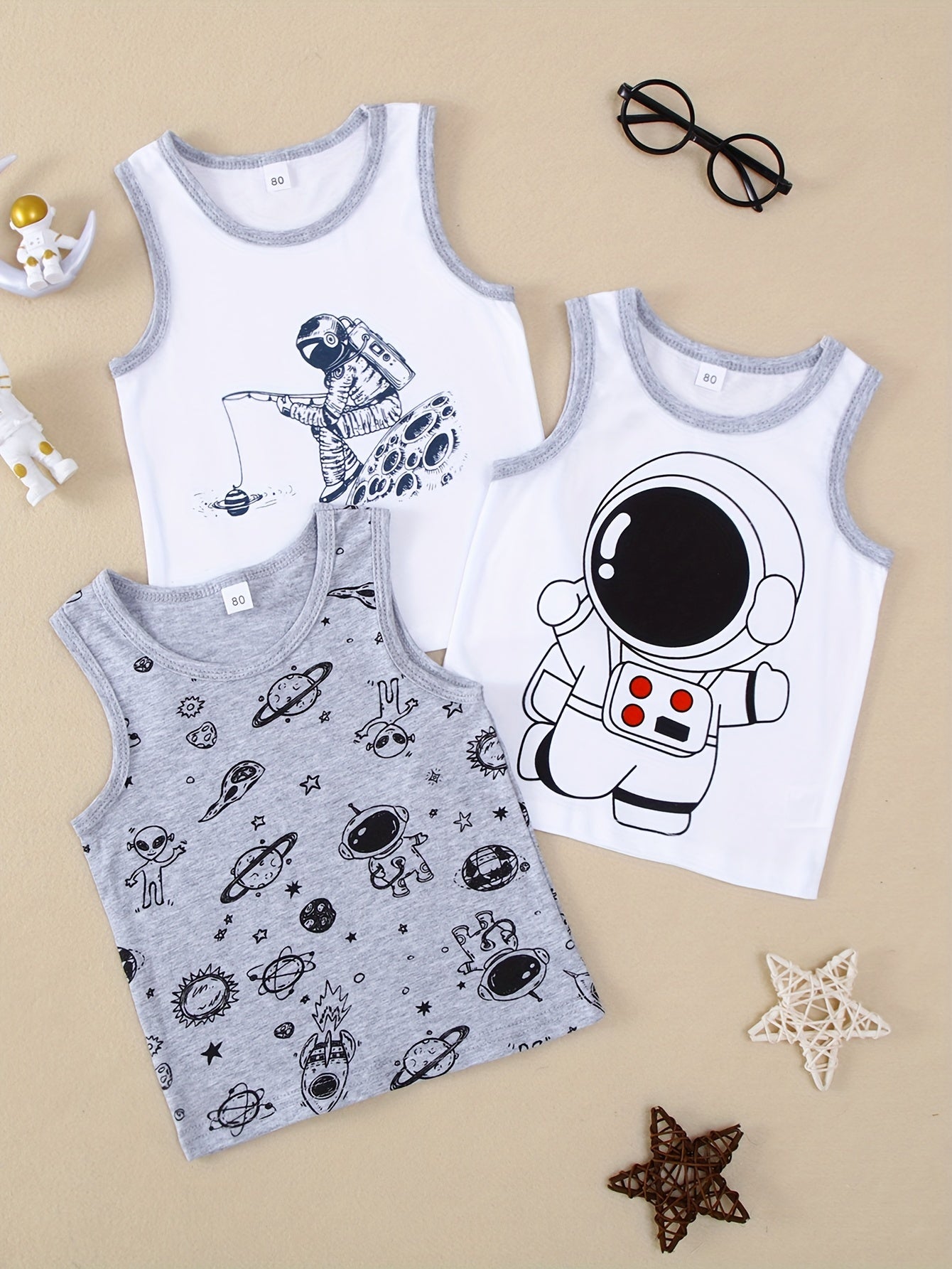 Kids' Cotton Vests 3-Pack with Astronaut Space Themes Crew Neck Moisture-Wicking Regular Fit Gray Black