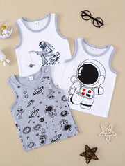 Kids' Cotton Vests 3-Pack with Astronaut Space Themes Crew Neck Moisture-Wicking Regular Fit Gray Black