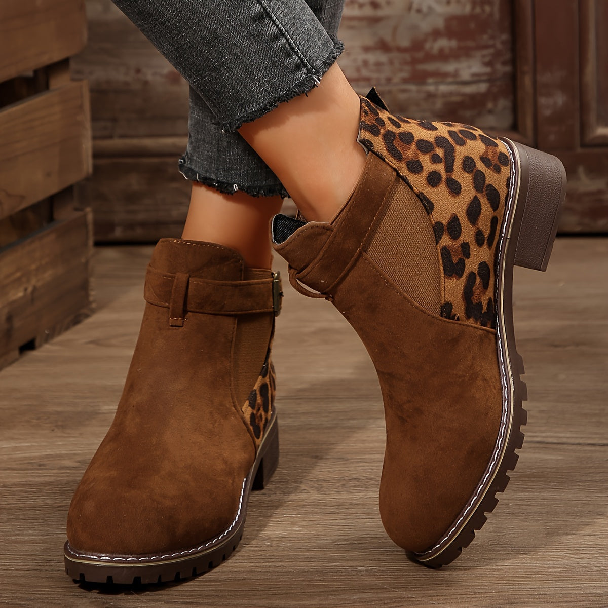 Women's Leopard Print Ankle Boots with Buckle Strap Casual Slip-On All-Season