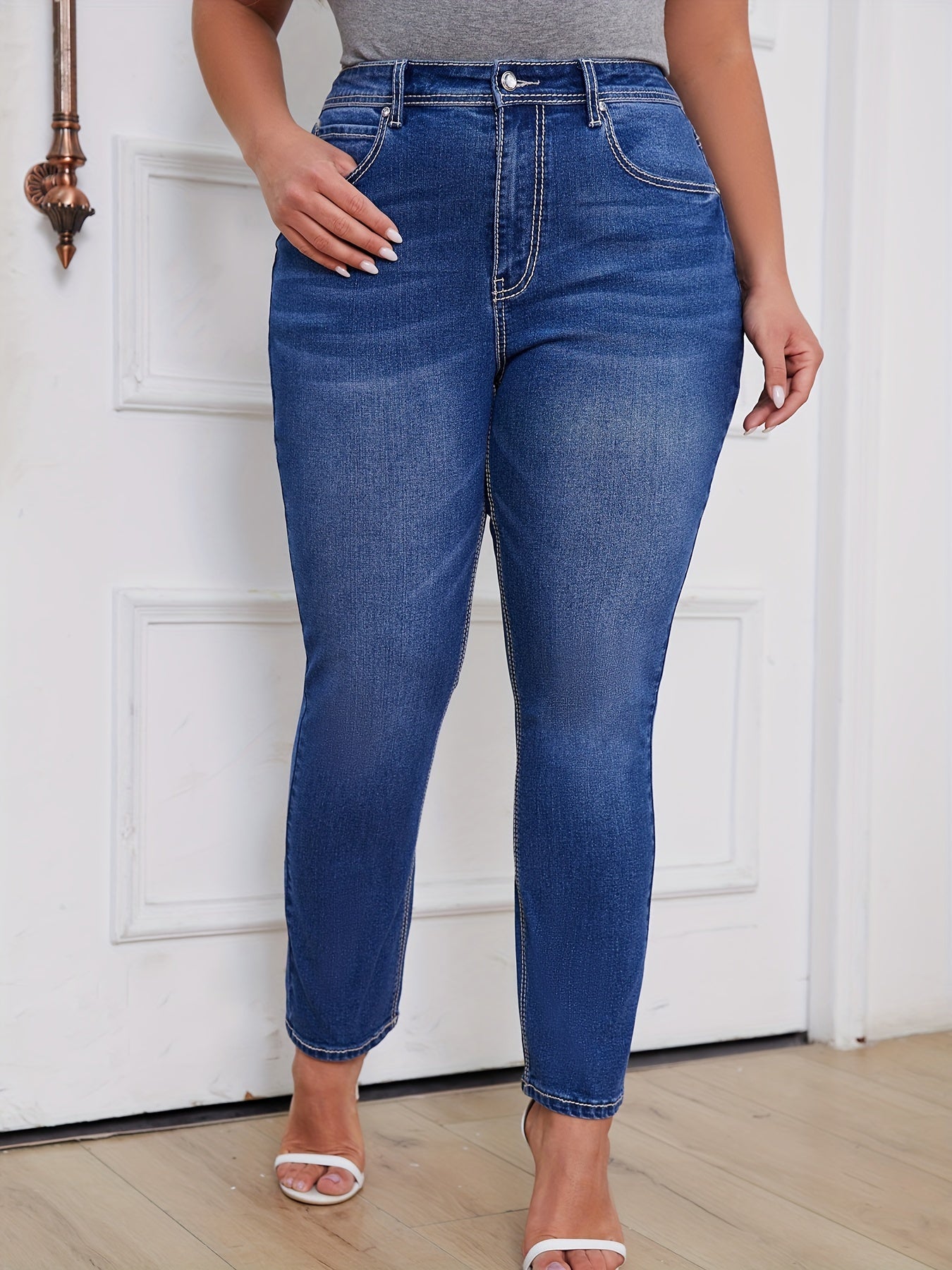 Jeans de mezclilla de talla grande para mujer, ajuste delgado, largo largo, color sólido, casual, con pierna recta