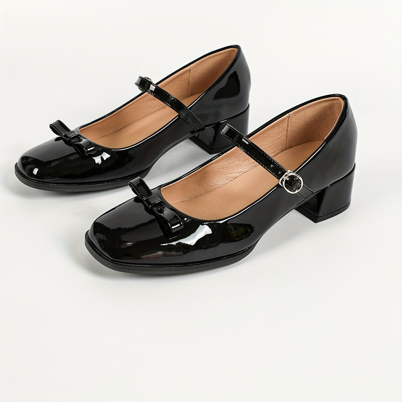 Women Black Mary Jane Heels With Bow Synthetic Block Heel All-Season