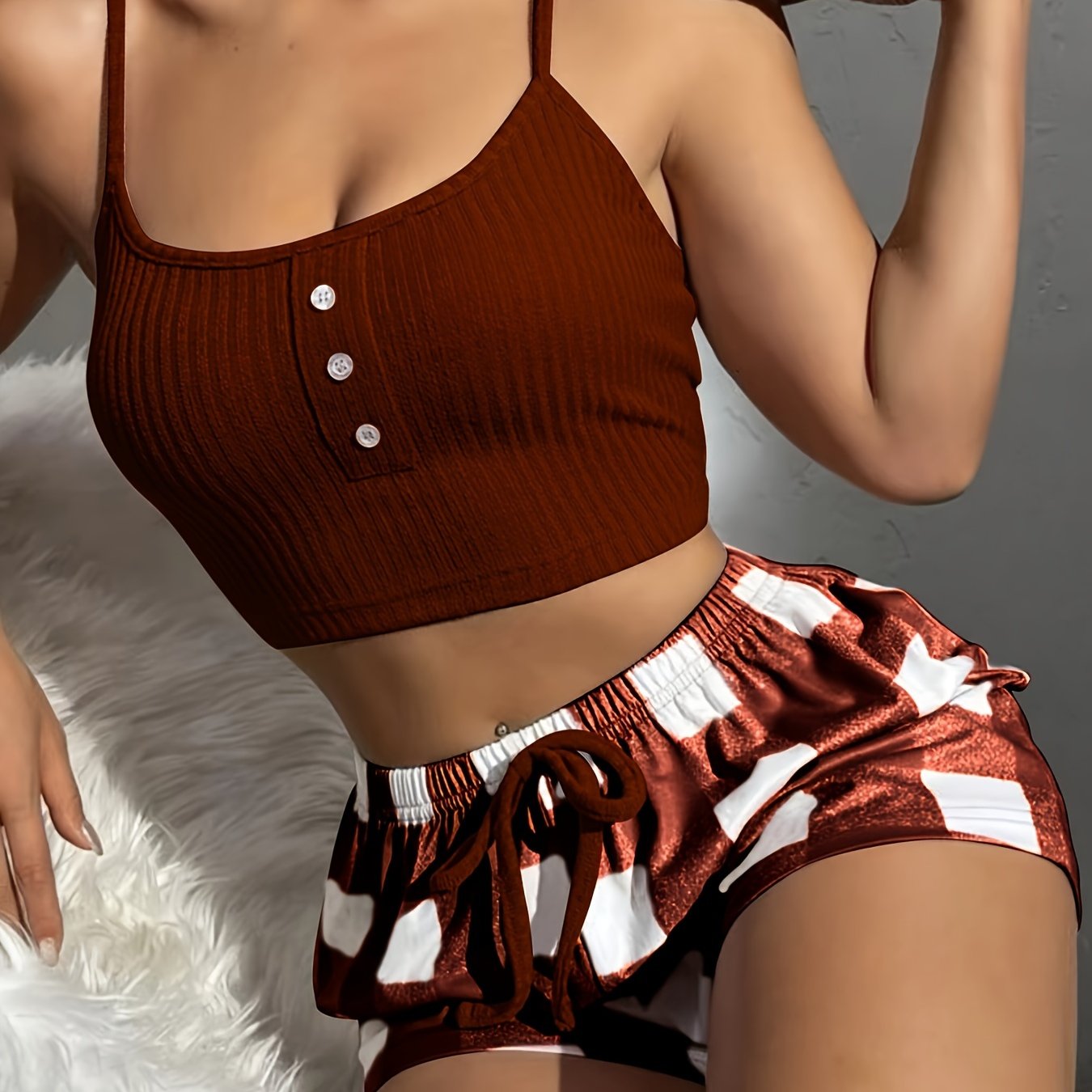 Adult Plaid Polyester Lingerie Set with Button-Up Bra and Shorts