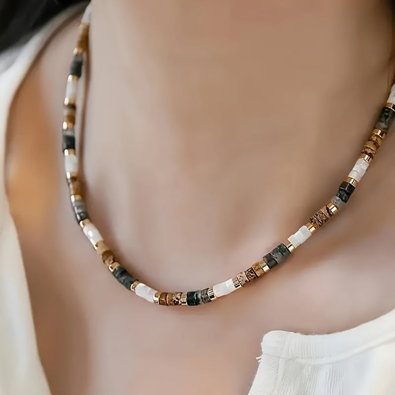 Bohemian Amethyst Natural Stone Beaded Necklace with Copper Chain for Women