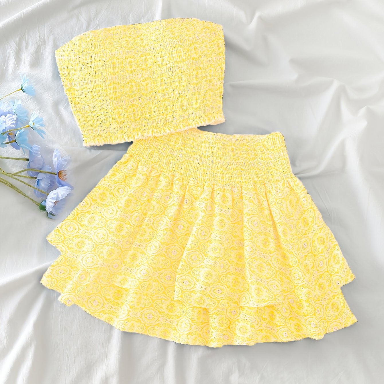 Women's Off-Shoulder Geometric Print Two-Piece Outfit Polyester Spandex Shirred