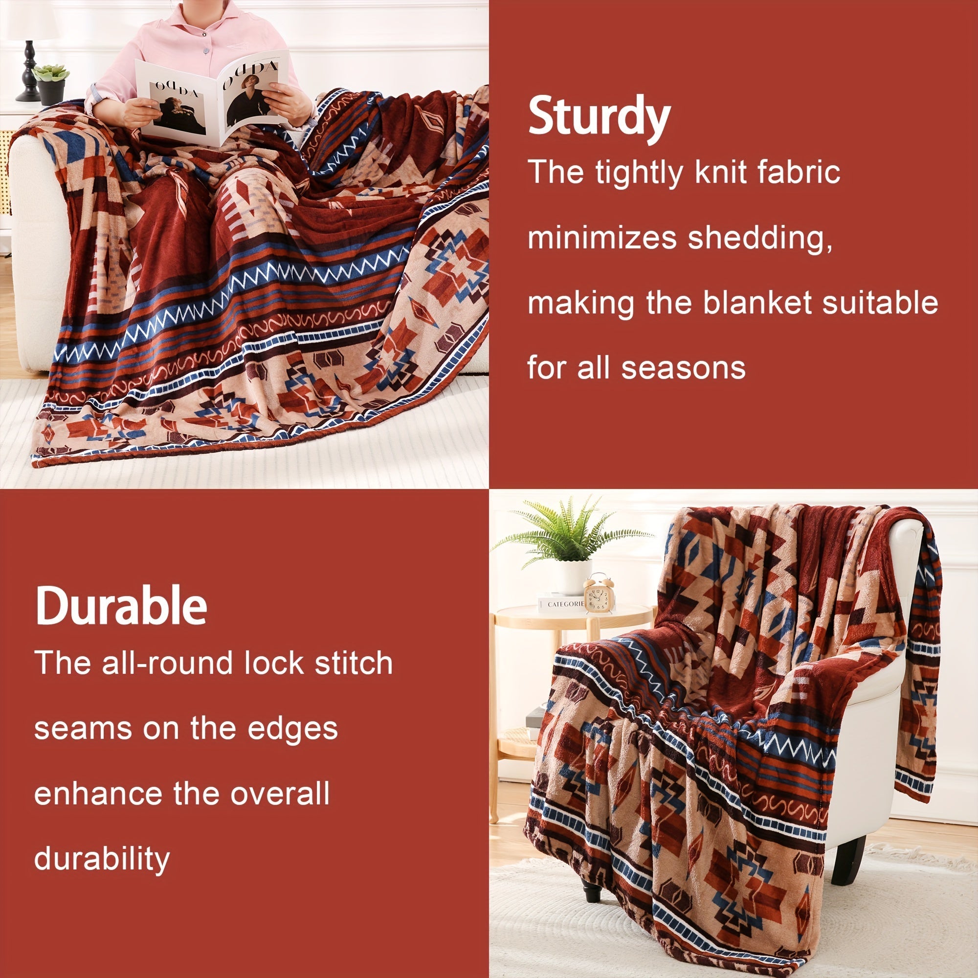 Manta de franela boho-chic de 200GSM suave, cálida y ligera para sofá, cama y viajes