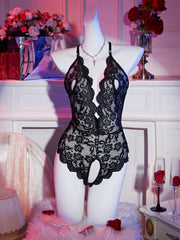 Jozibali dantel ichki kiyim, chuqur V va orqa qismi ochiq dizayn, bog' bilan bezatilgan, yarim shaffof, Sevishganlar kuni sovg'asi uchun ideal.