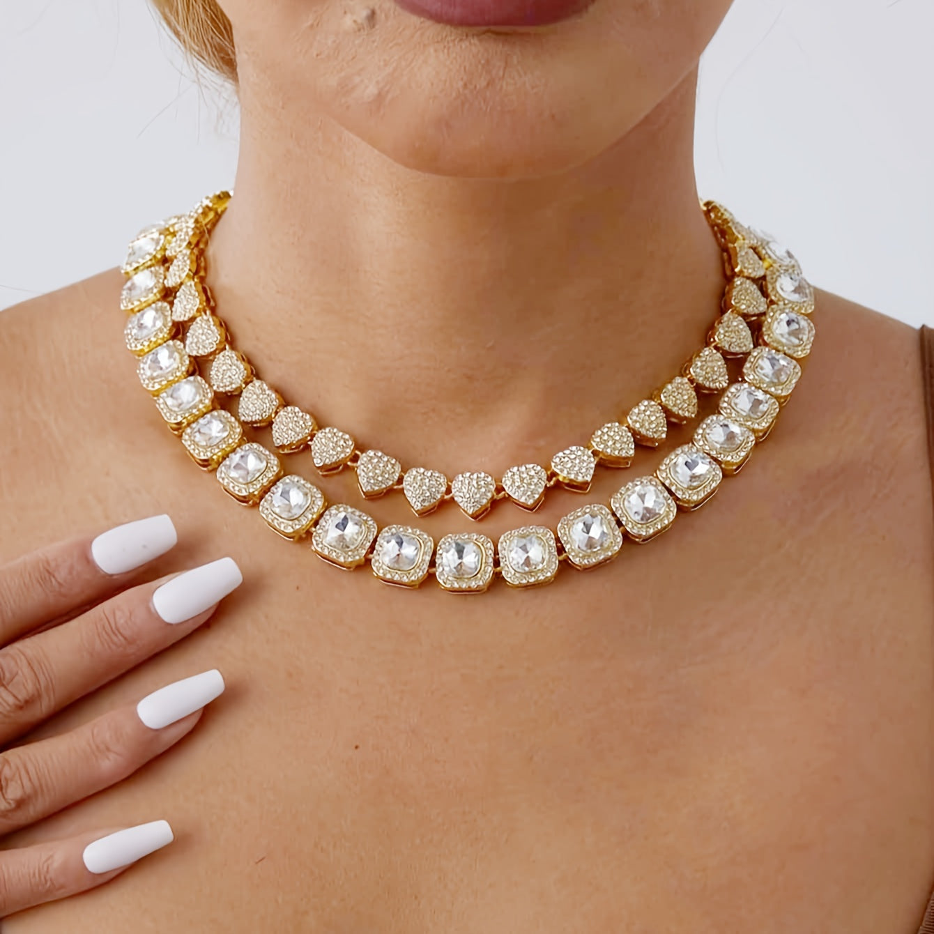 Two Pieces Hip Hop Ice Heart-Shaped Rock Candy Necklaces with Cuban Chain Punk Jewelry for Men Women