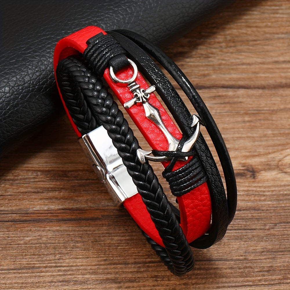 Minimalist Anchor Leather Bracelet for Men Black PU Leather Jewelry