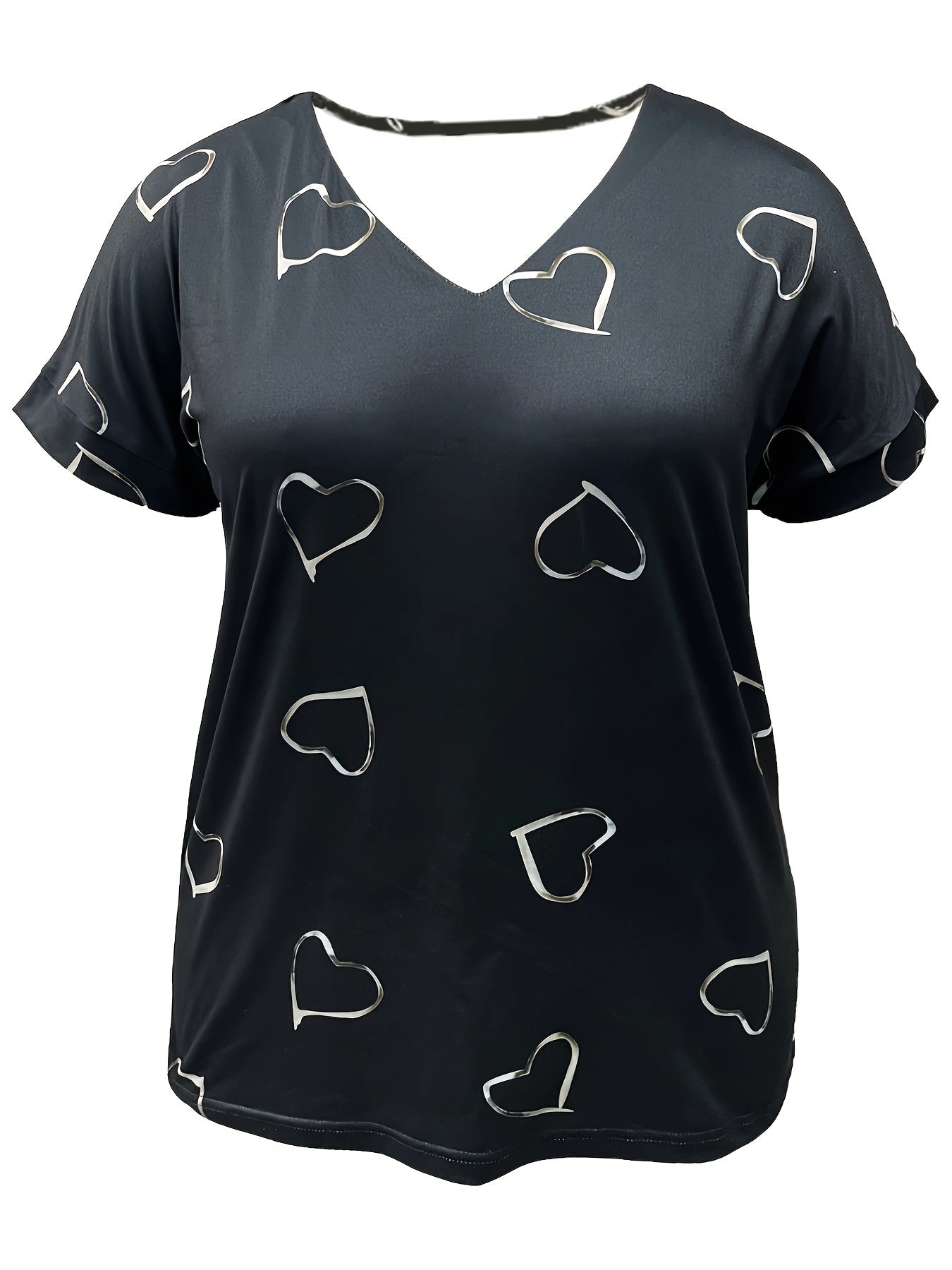 Women's Summer V-Neck T-Shirt with Red Heart Print Short Sleeve Breathable Polyester Blend