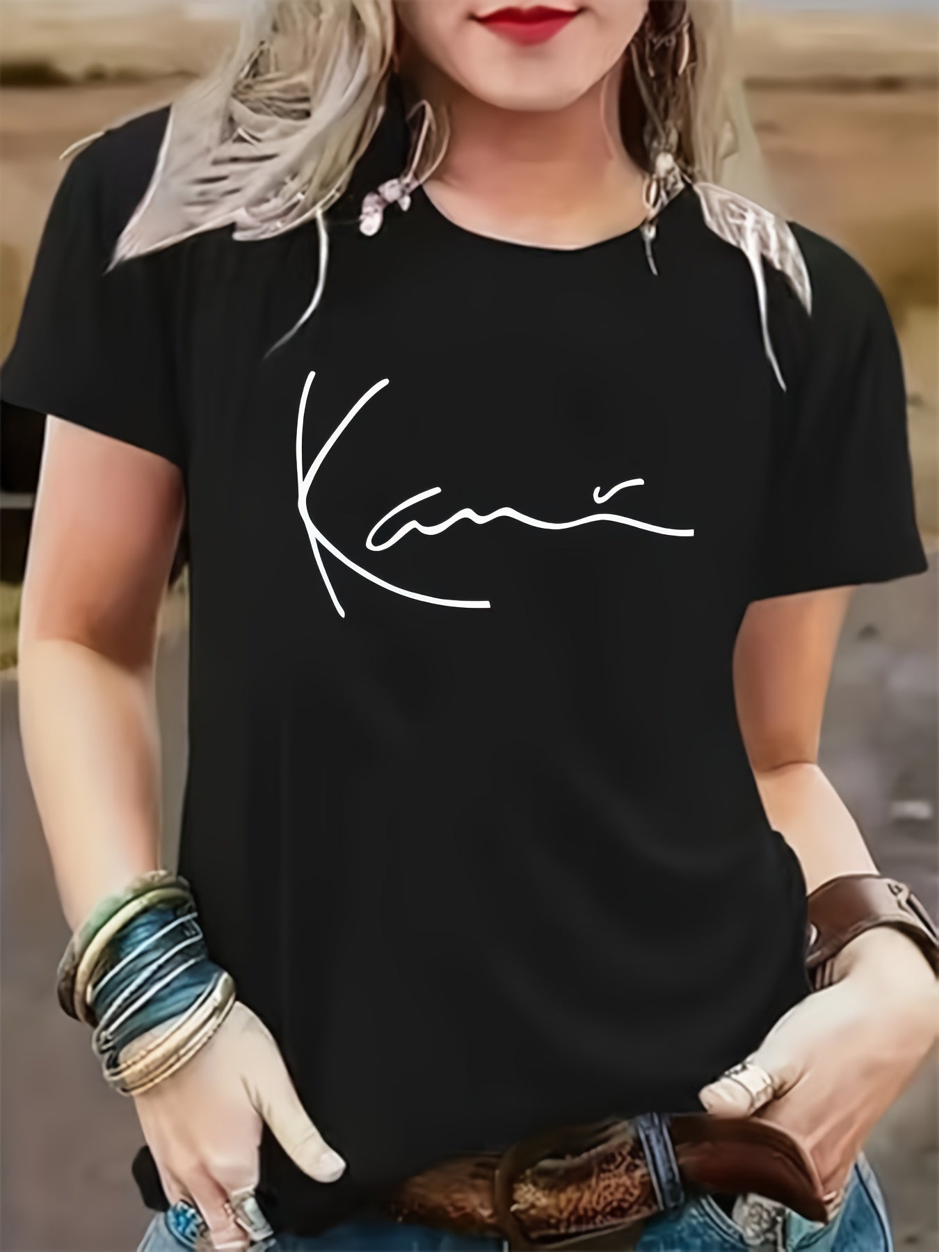 Women's Short Sleeve T-Shirt Cursive Letter Print Black Breathable Soft