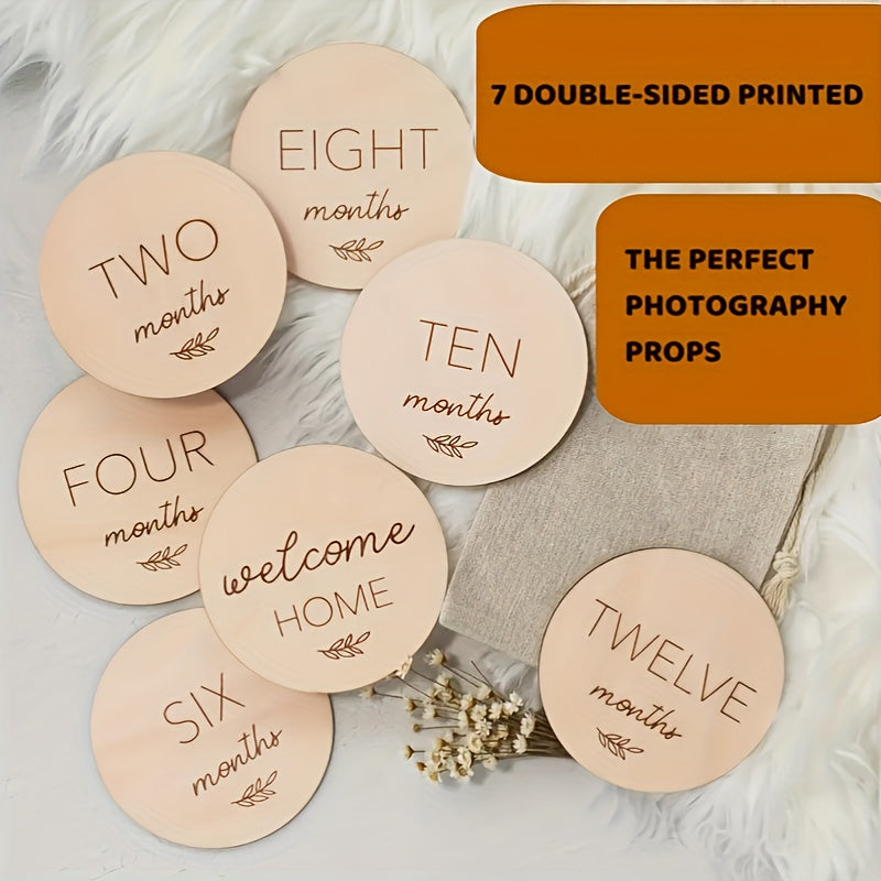 Baby Milestone Cards Set 7-Piece Reversible Wooden Photo Props for First Year