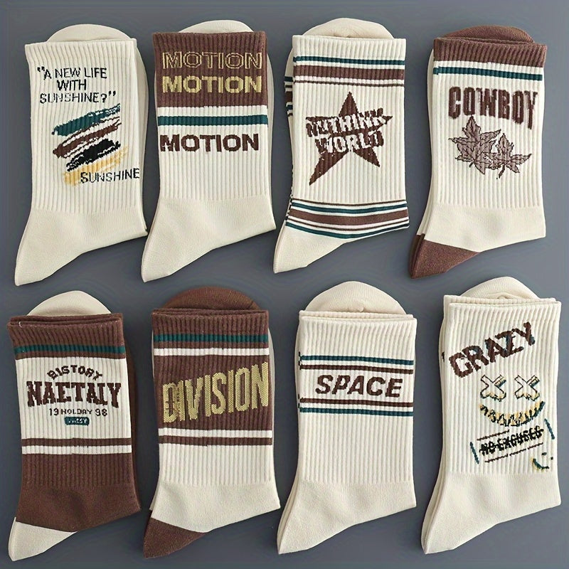 Men's Vintage American Style Cotton Blend Knit Socks 5-Pack with Letter Pattern