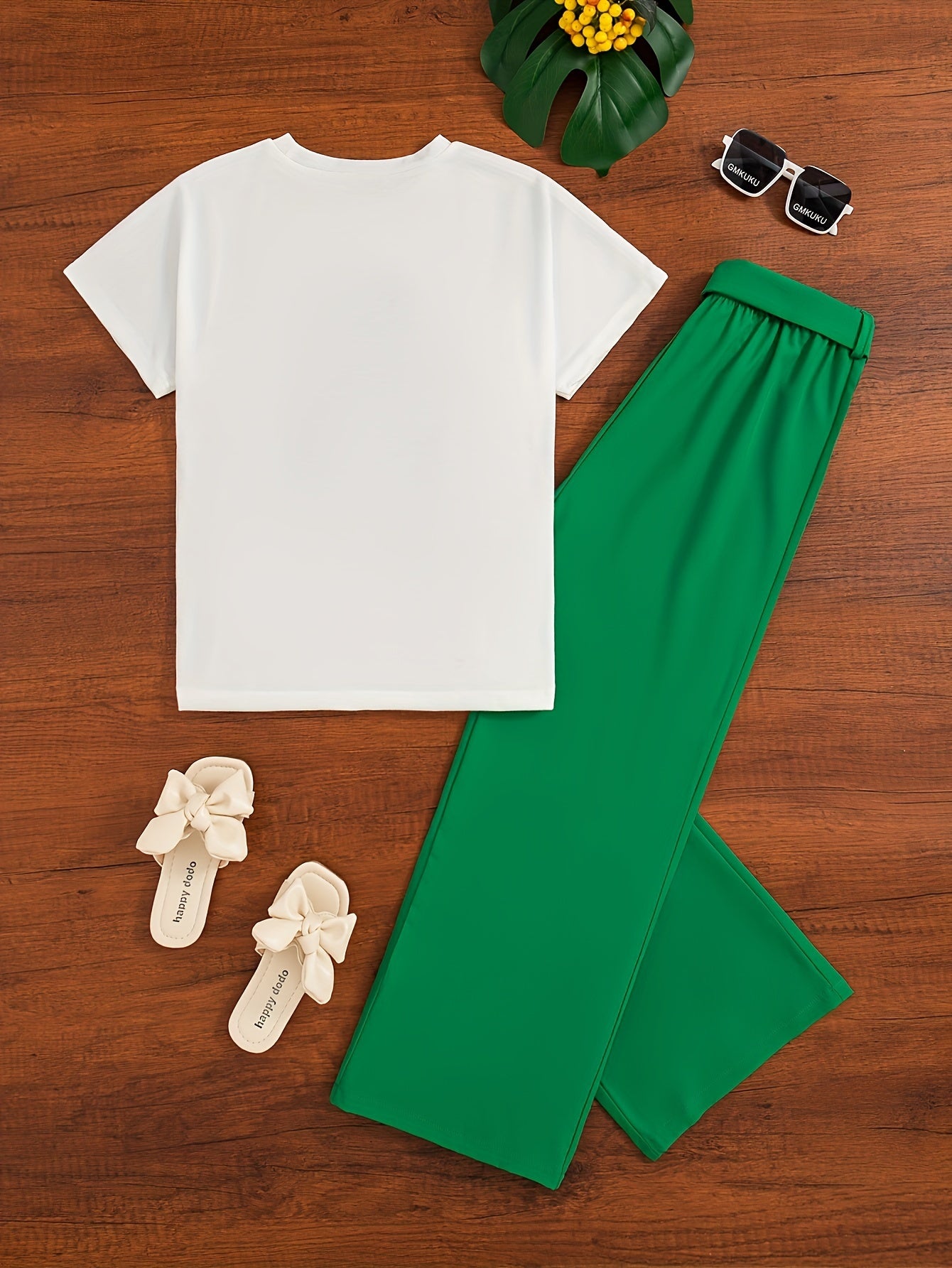 Girls Summer Casual Outfit with Cartoon Print Round Neck T-Shirt and Long Pants