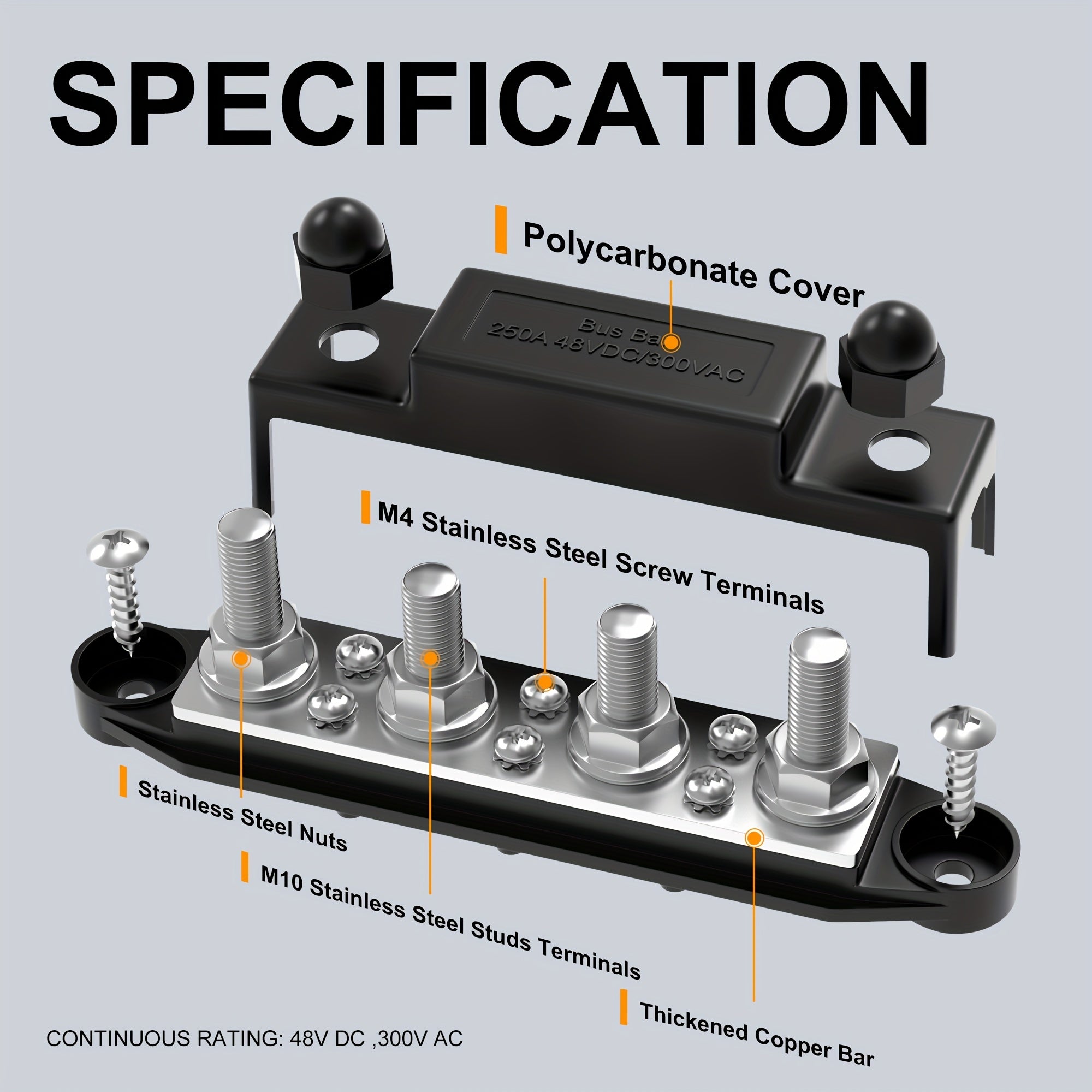 12V Bus Bar Power Distribution Block 250A 3/8" Terminals Marine Automotive