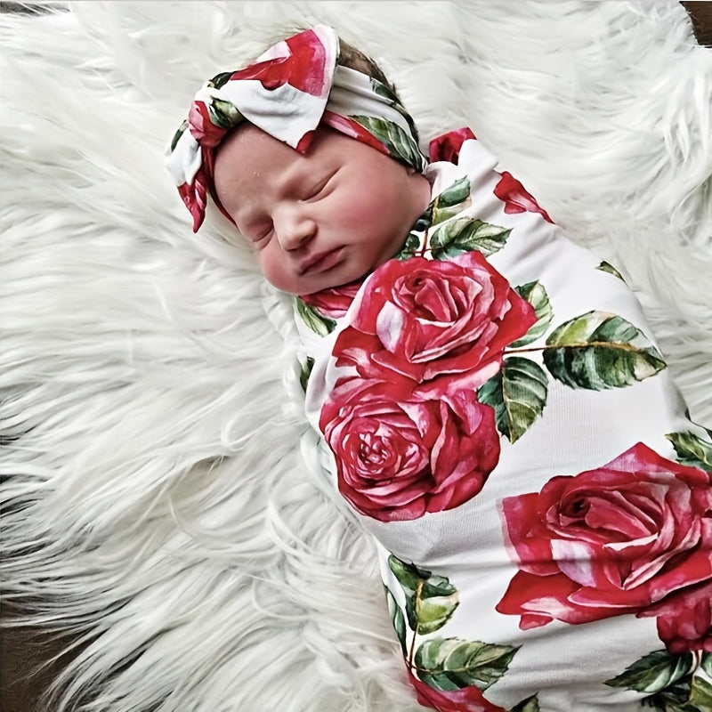 Baby Receiving Blanket Set with Matching Headbands Flower Print for Newborns and Infants