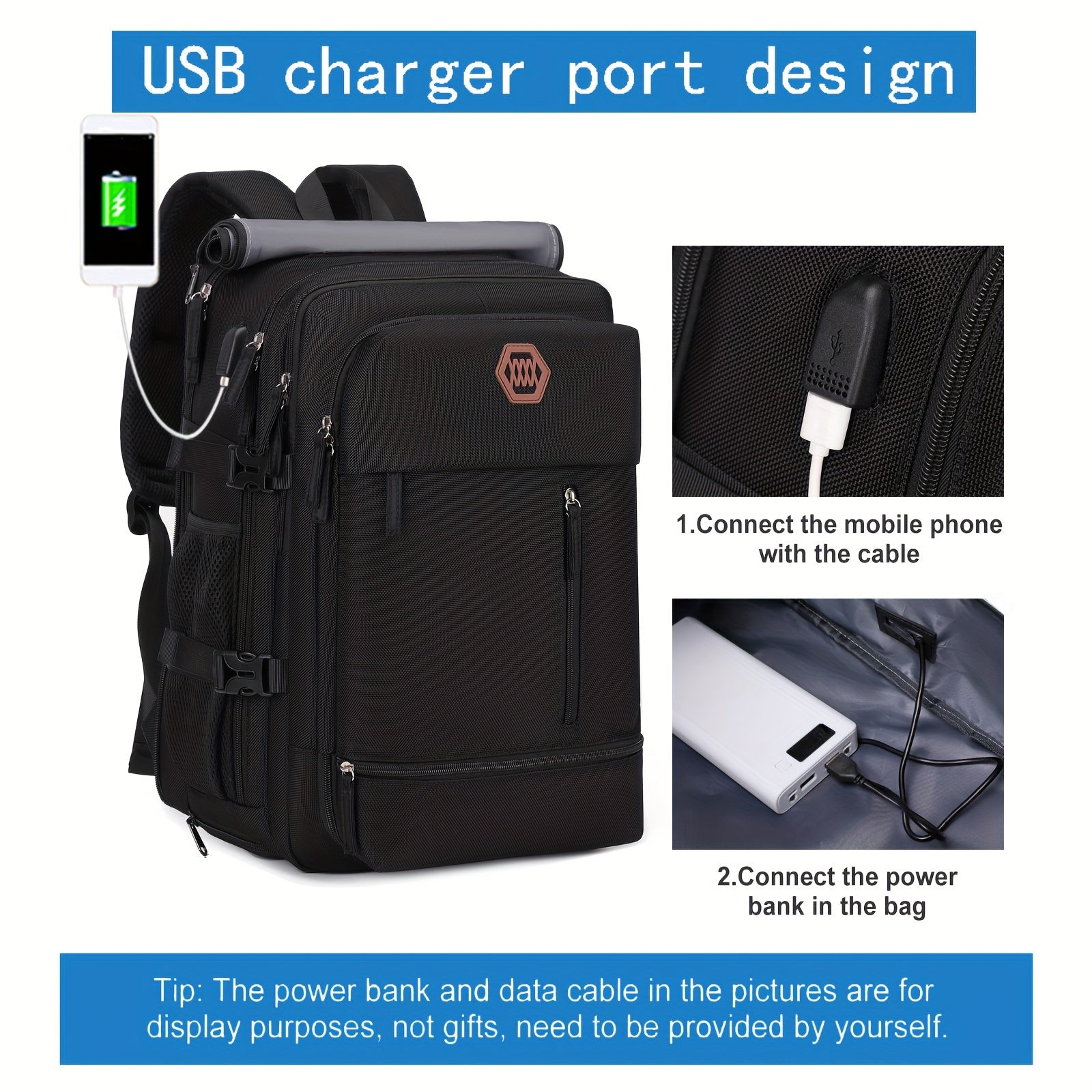 Large Polyester Backpack with Shoe Compartment USB Port and 17-Inch Laptop Storage