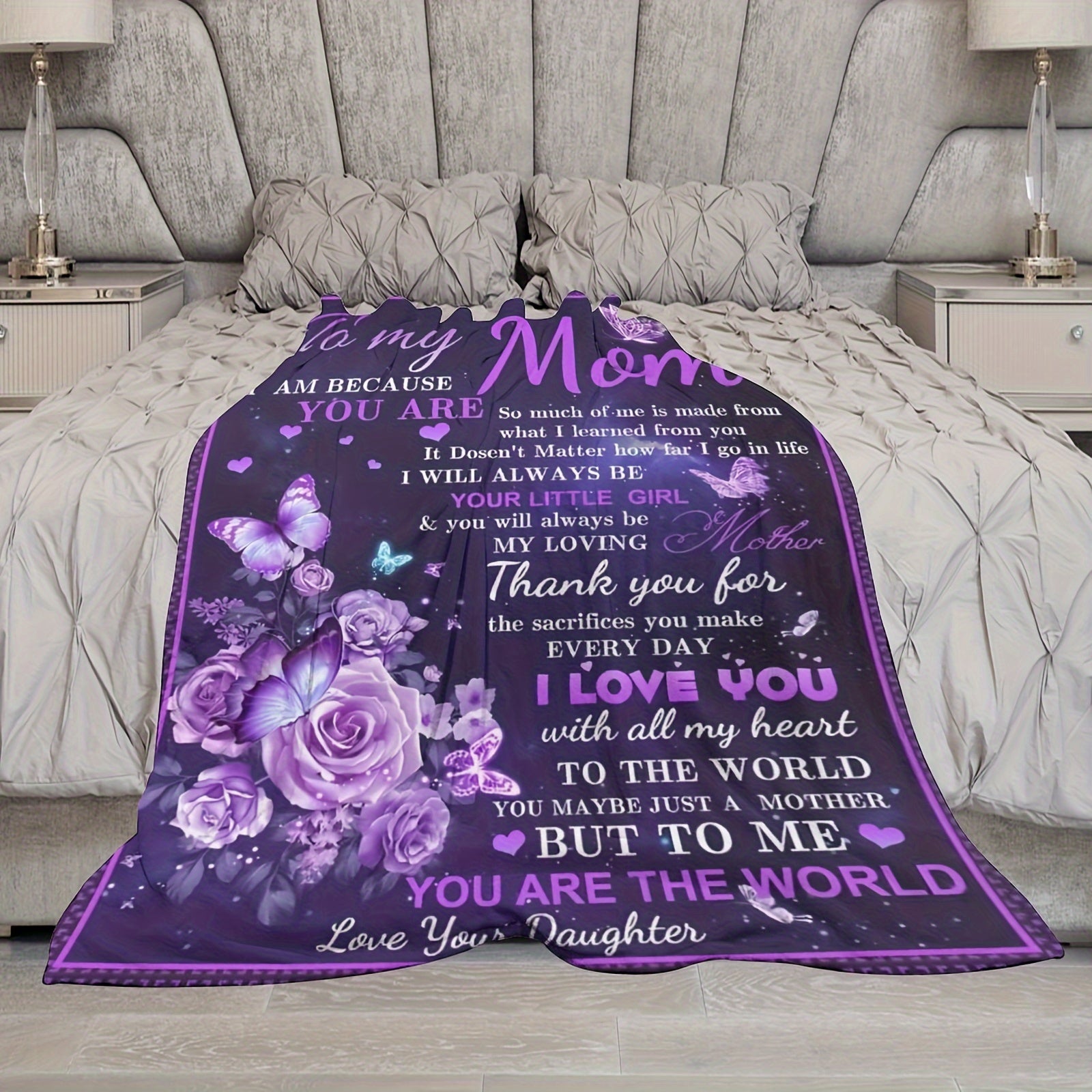 Purple Flowers and Butterfly Print Throw Blanket Soft Warm Gift for Mom