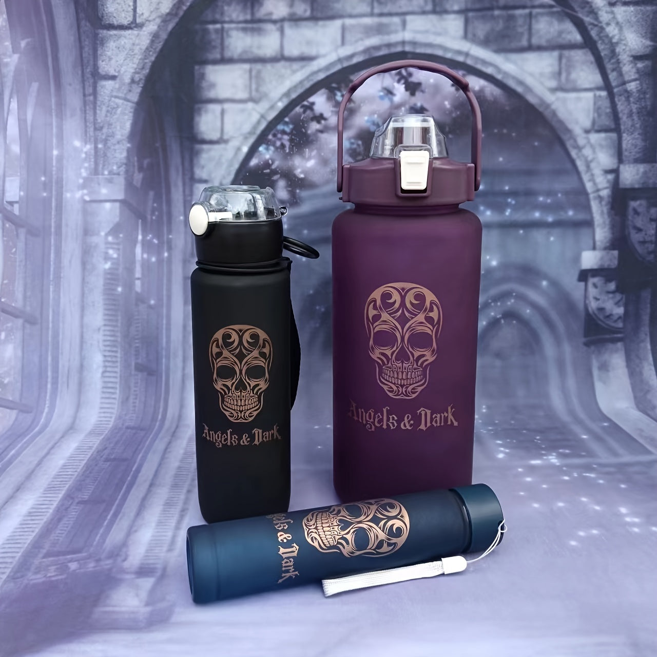 Halloween Skull Water Bottle Set Includes 3 Leak-Proof Sports Bottles with Straw and Time Mark for Kids and Adults