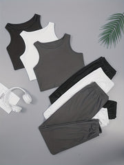Women's Solid Color 3-Piece Set Sleeveless Tank Tops and Joggers Black White Gray