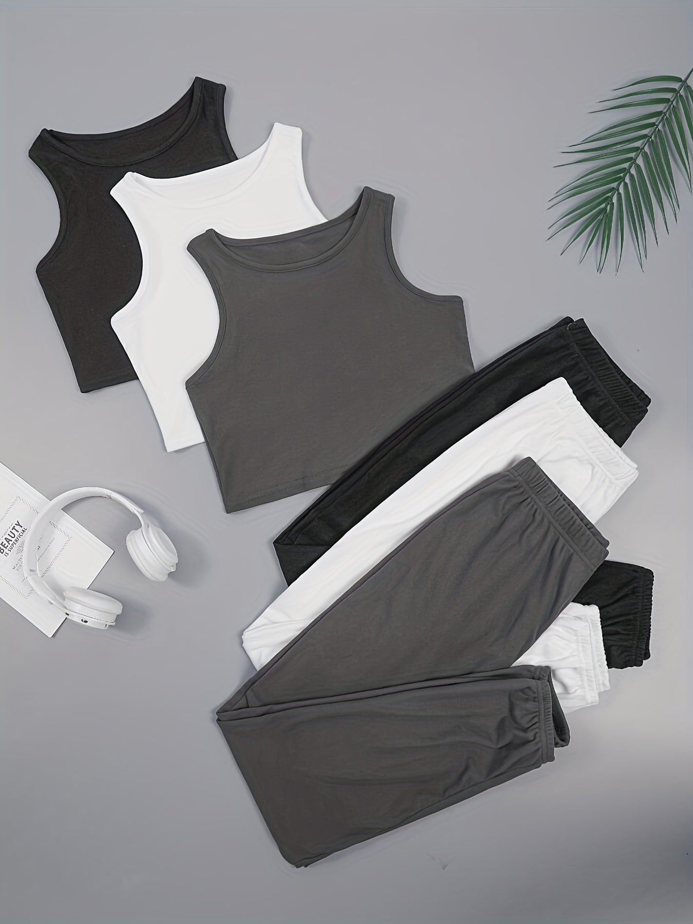 Women's Solid Color 3-Piece Set Sleeveless Tank Tops and Joggers Black White Gray