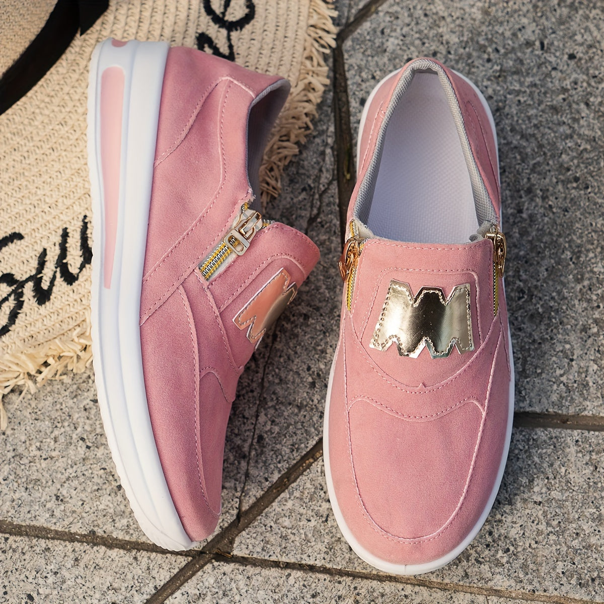 Women's Red Slip-On Sneakers with Zipper Low Top Lightweight PU Sole