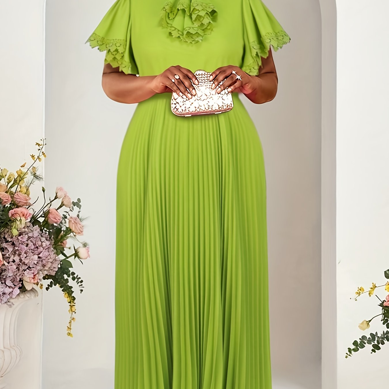 Women's Pink Pleated Maxi Dress with Lace Detail for Weddings and Holidays