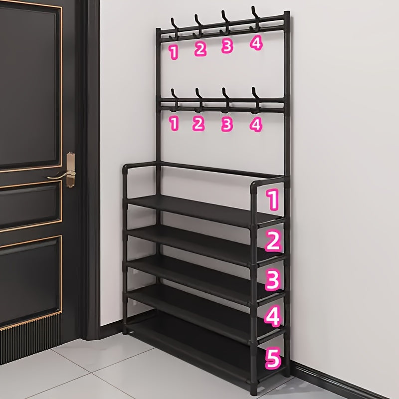 Estante de zapatos de metal contemporáneo con ganchos, negro o blanco, fácil de montar
