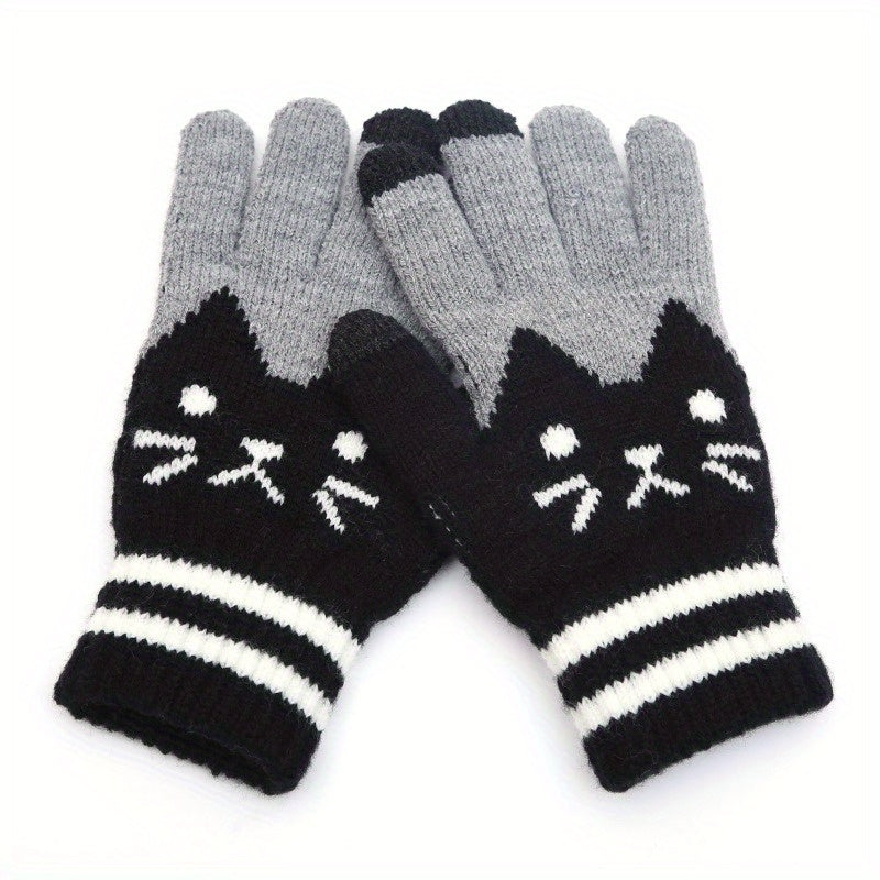 Women's Winter Touch Screen Gloves with Jacquard Cat Design and Warm Polyester