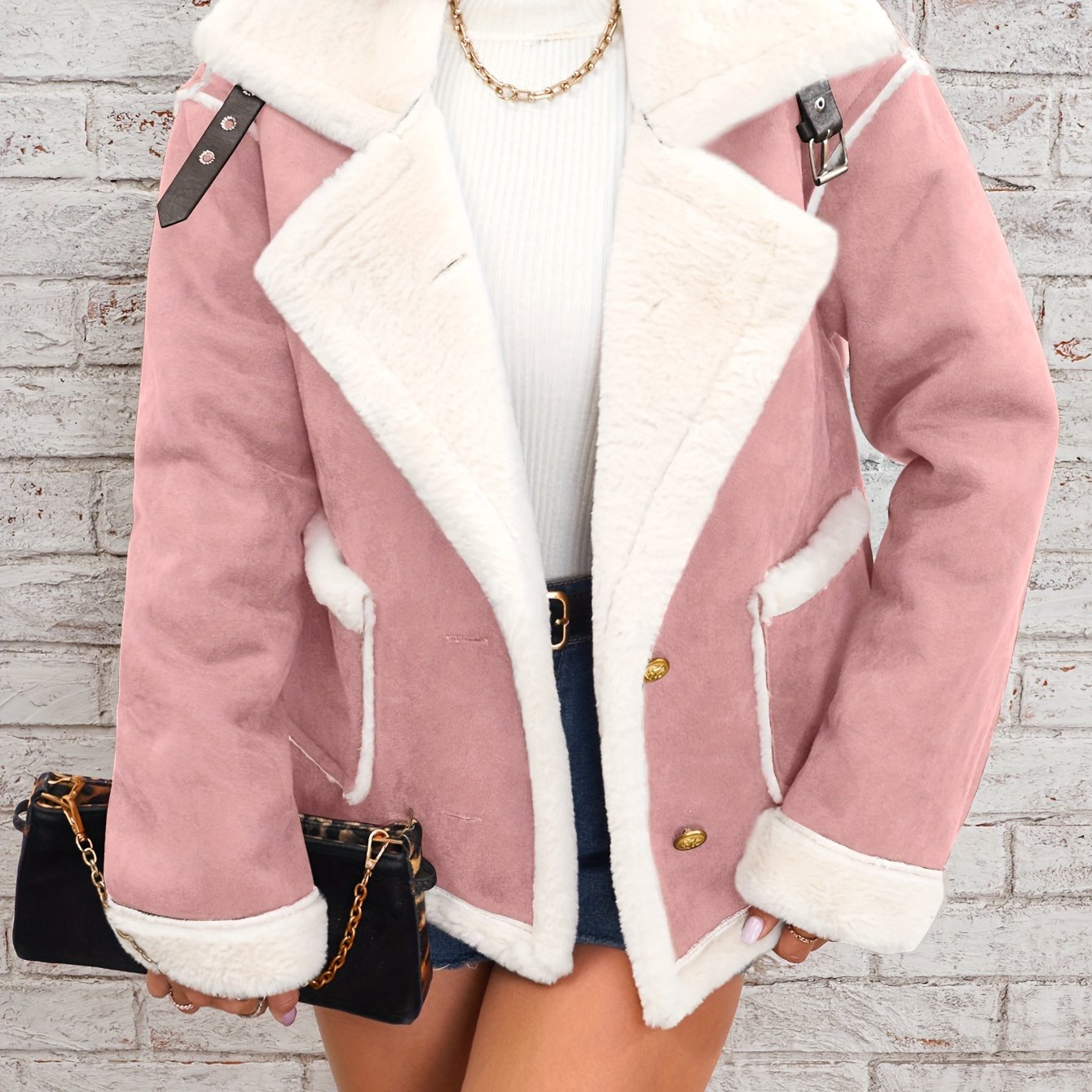 Women's Cozy Plush Lapel Jacket Fall Winter Solid Polyester Casual Biker Outwear