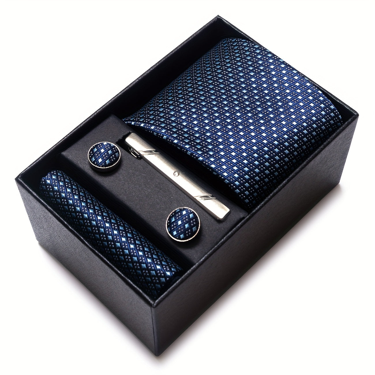 Men's Blue Tie Set with Pocket Square Cufflinks and Tie Clip for Weddings and Occasions