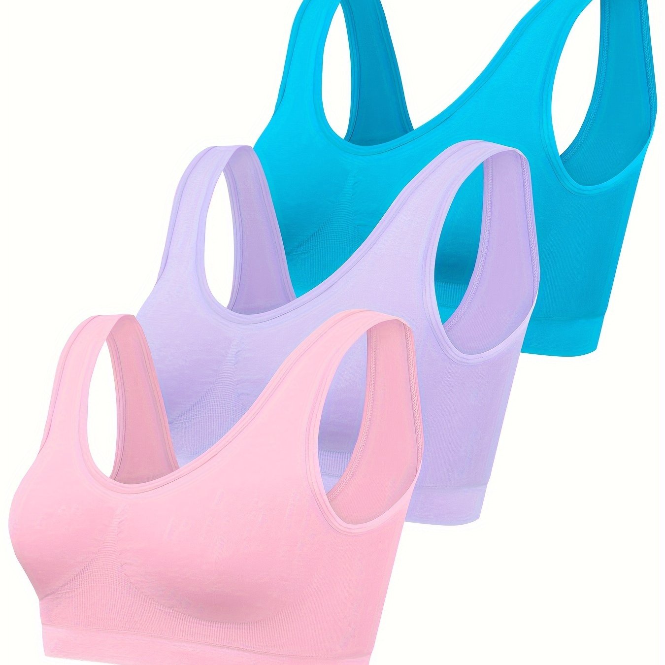 Women's Seamless Sports Bras 3-Pack Black White Beige Ribbed Nylon Tank Top Style No Padding