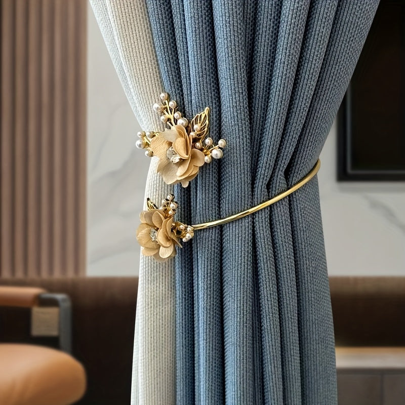 Metal Faux Pearl Curtain Holdback with 3D Flower Design for Bedroom Living Room Kitchen Office