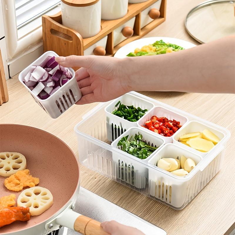 Kitchen Scallion Storage Box with 6 Compartments, Drain, Keeps Fruits Fresh