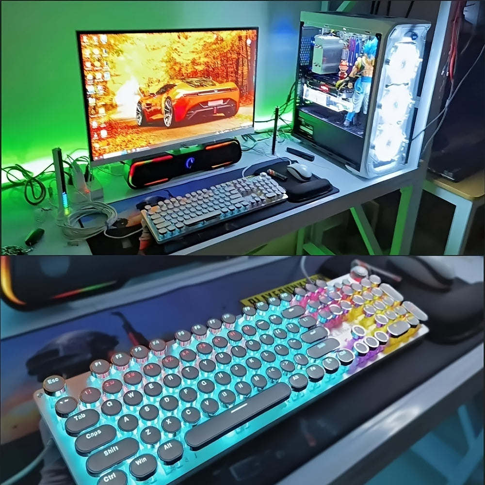 Full Size Mechanical Gaming Keyboard 104 Keys Metal Panel Backlit USB Wired with Multimedia Knob Black Switches