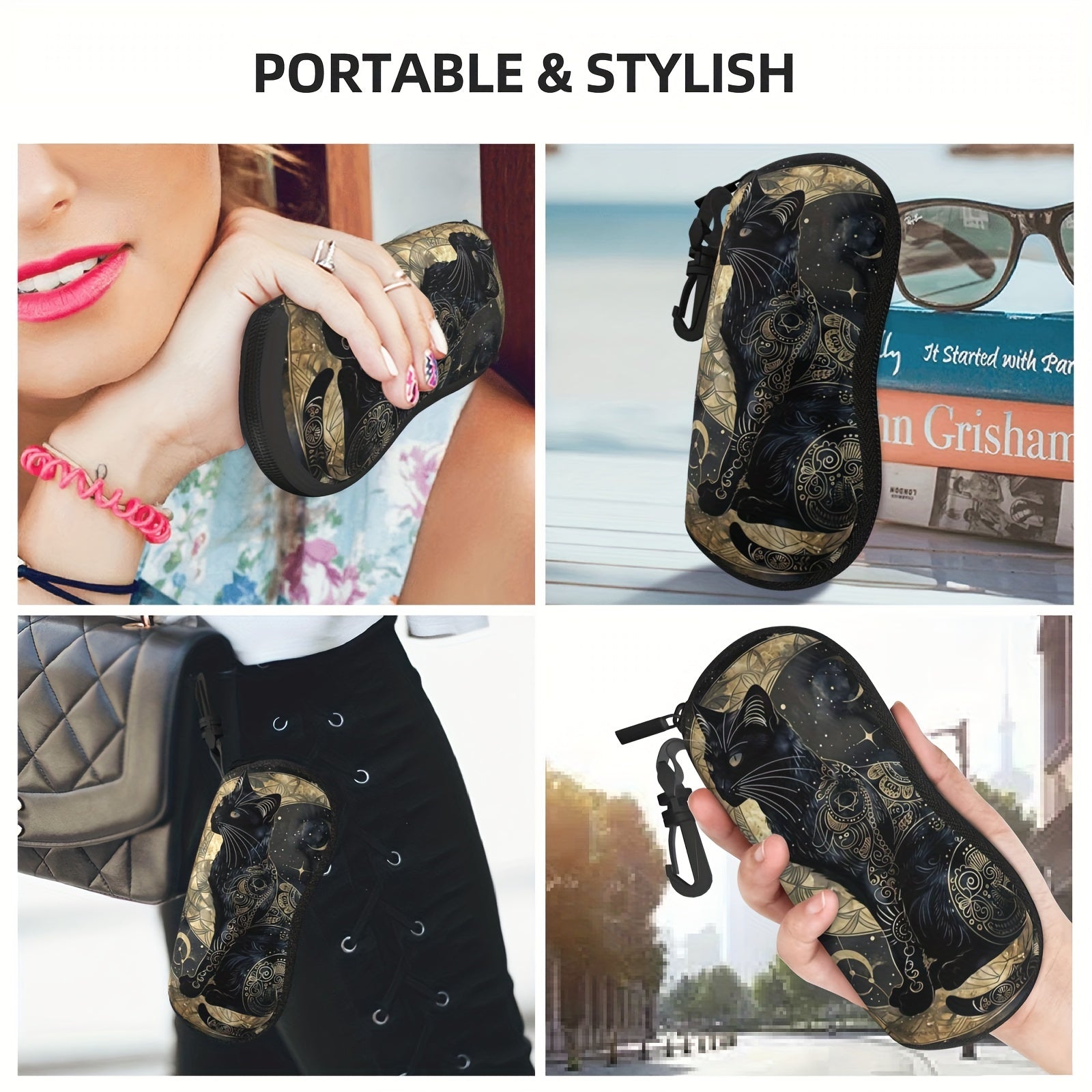 Black Cat and Moon Printed Glasses Case Neoprene Eyewear Sleeve with Zipper