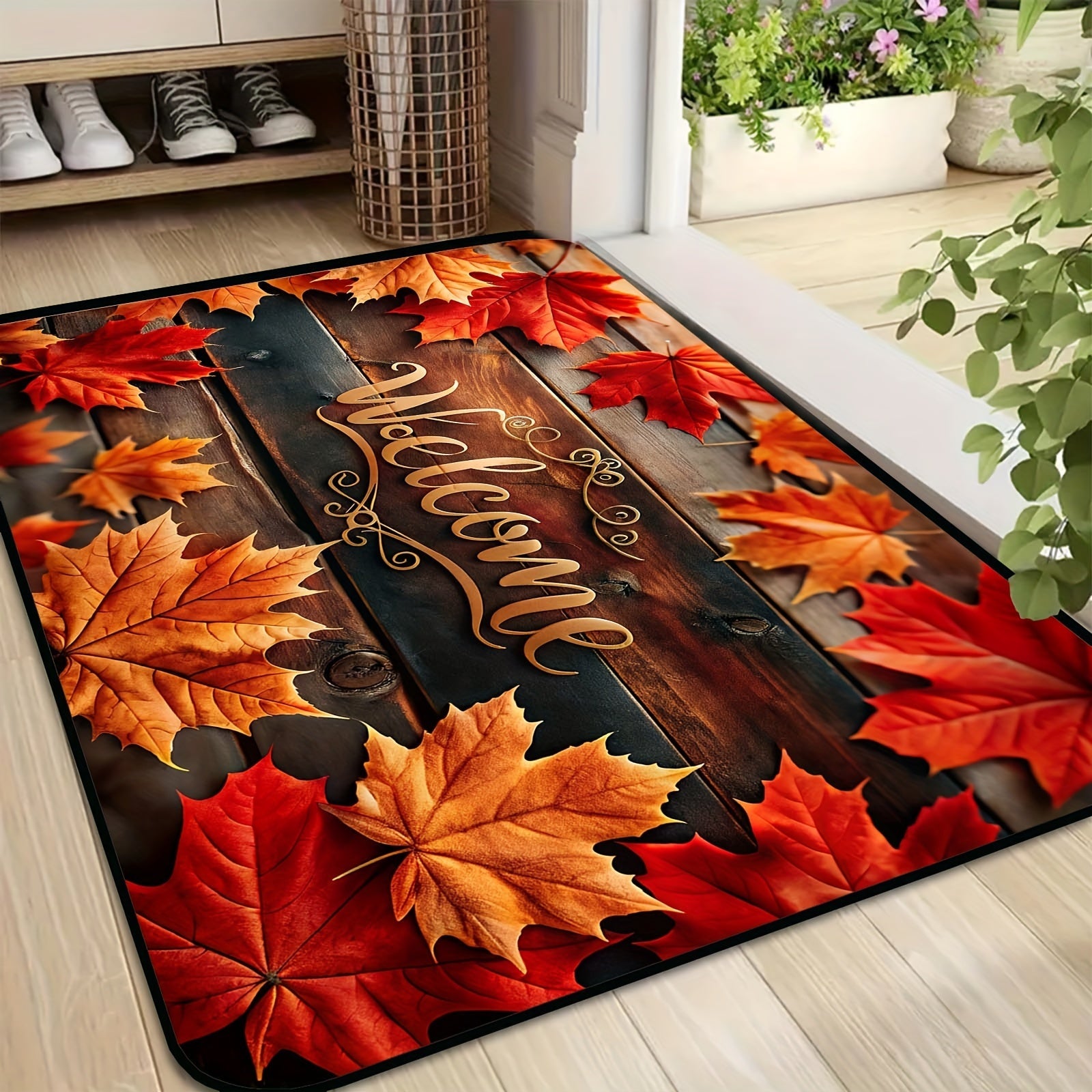 Felpudo de bienvenida con hojas de otoño, antideslizante, lavable a máquina, de poliéster, alfombra de entrada