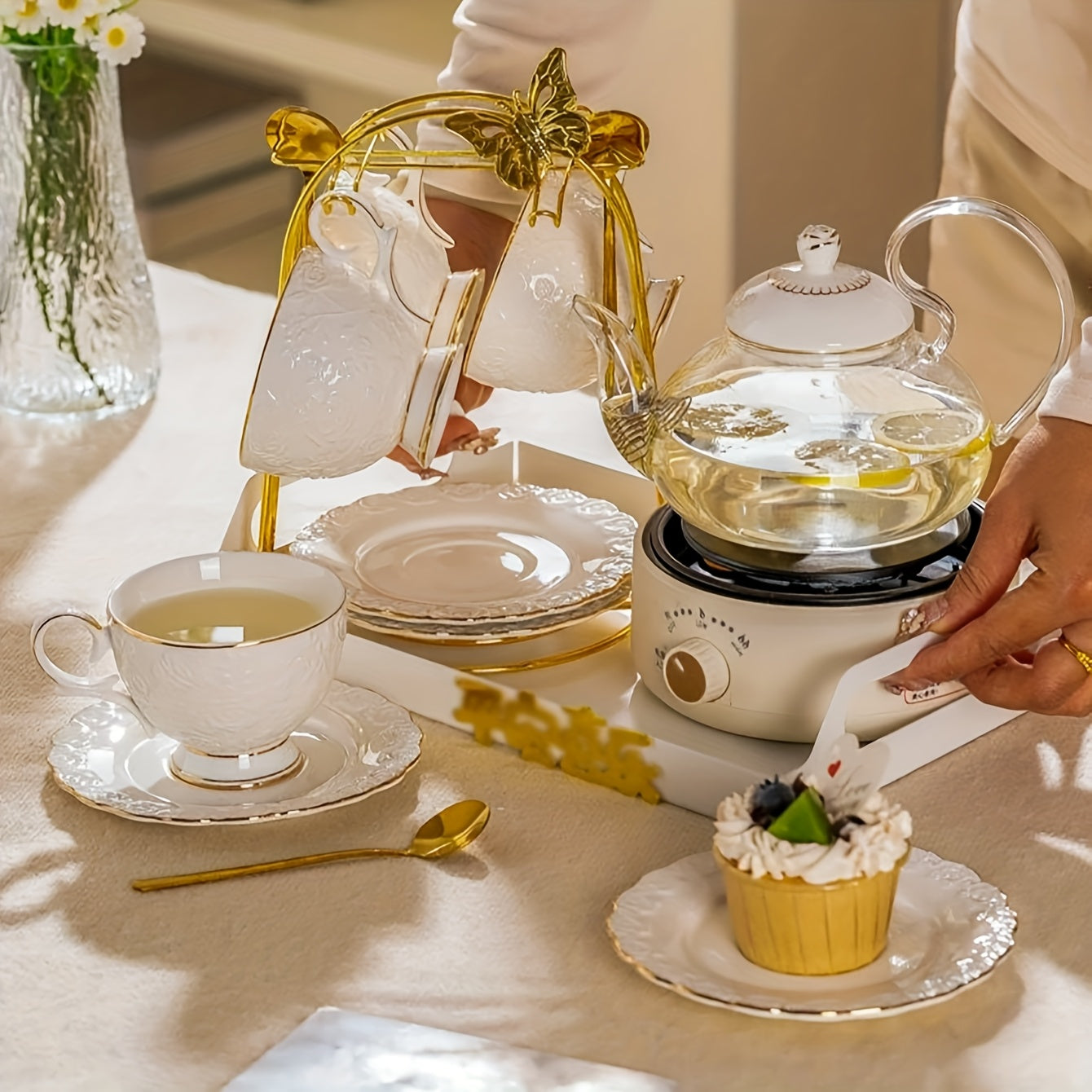 European Style Gilded Ceramic Coffee Cup and Saucer Set Embossed Gold Edges for Tea Latte Breakfast