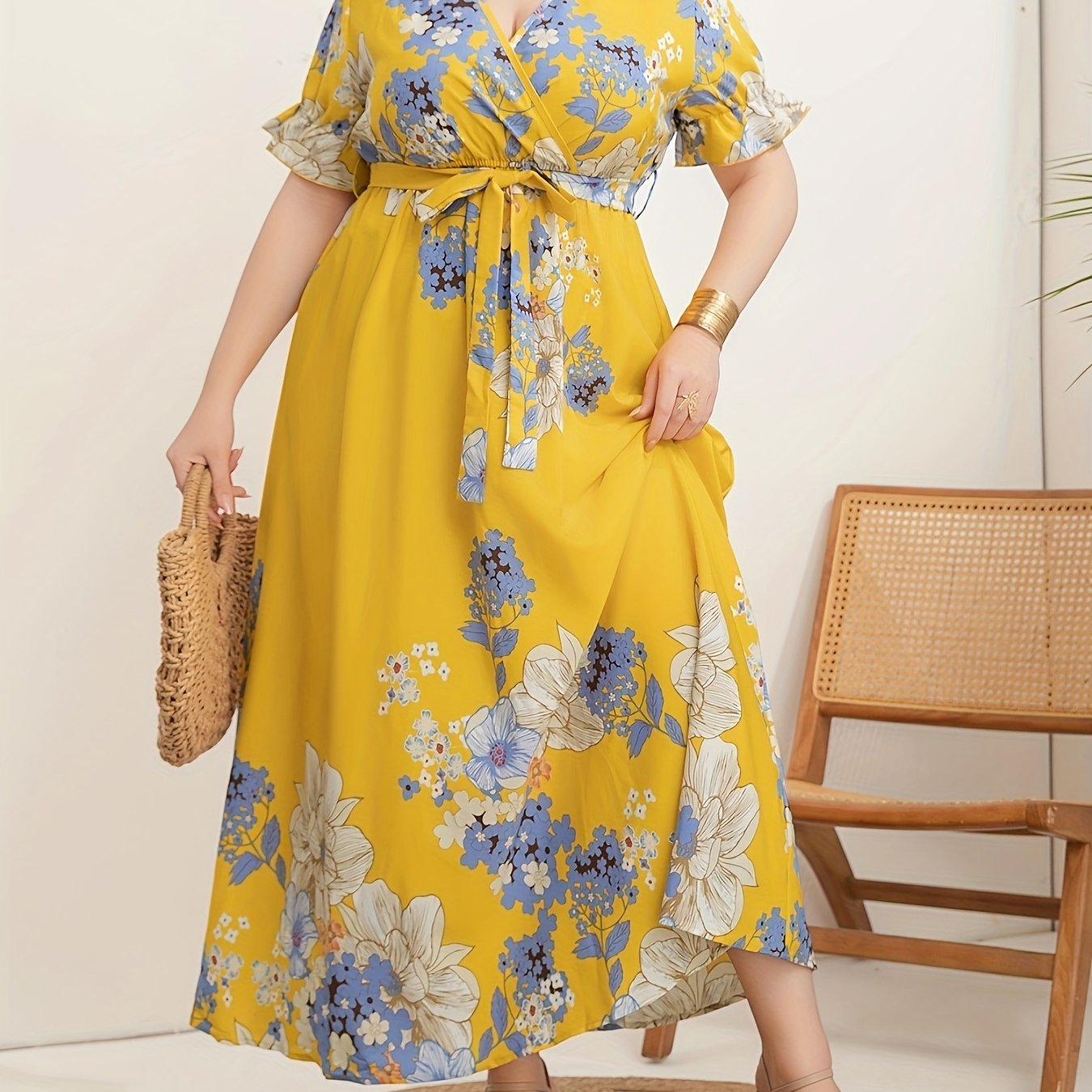 Women's Plus Size V-Neck Tunic Dress Polyester All-Season Striped Belt