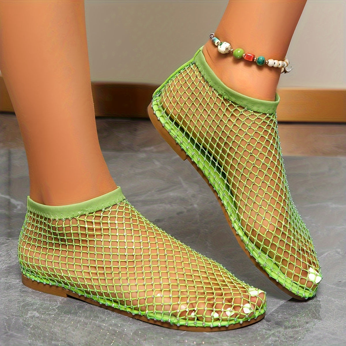 Women's Mesh Rhinestone Flat Sandals with Elastic Band and Cut-Out Design