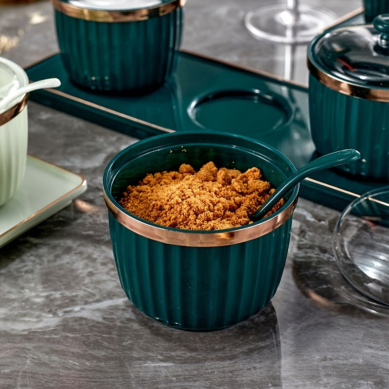 Kitchen Spice Storage Set Plastic Salt Sugar Oil Jar with Spoon and Covered Jars