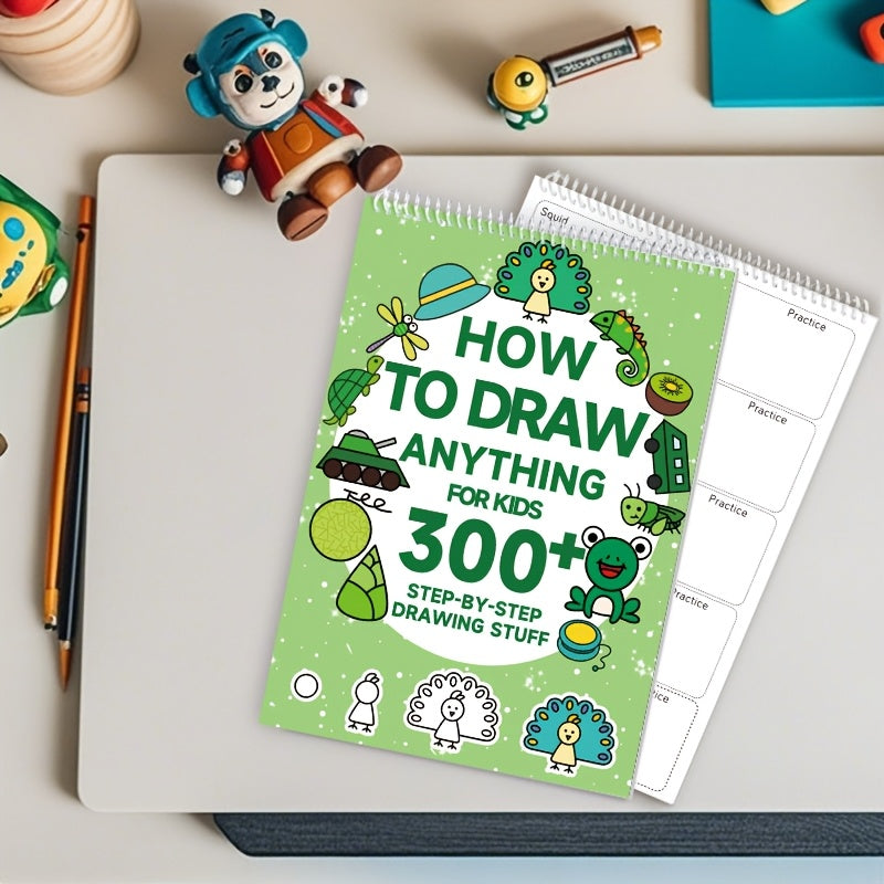 Green Drawing Book for Kids Ages 3+ with 300+ Step-by-Step Dinosaur and Frog Illustrations Spiralbound Educational Art Toy