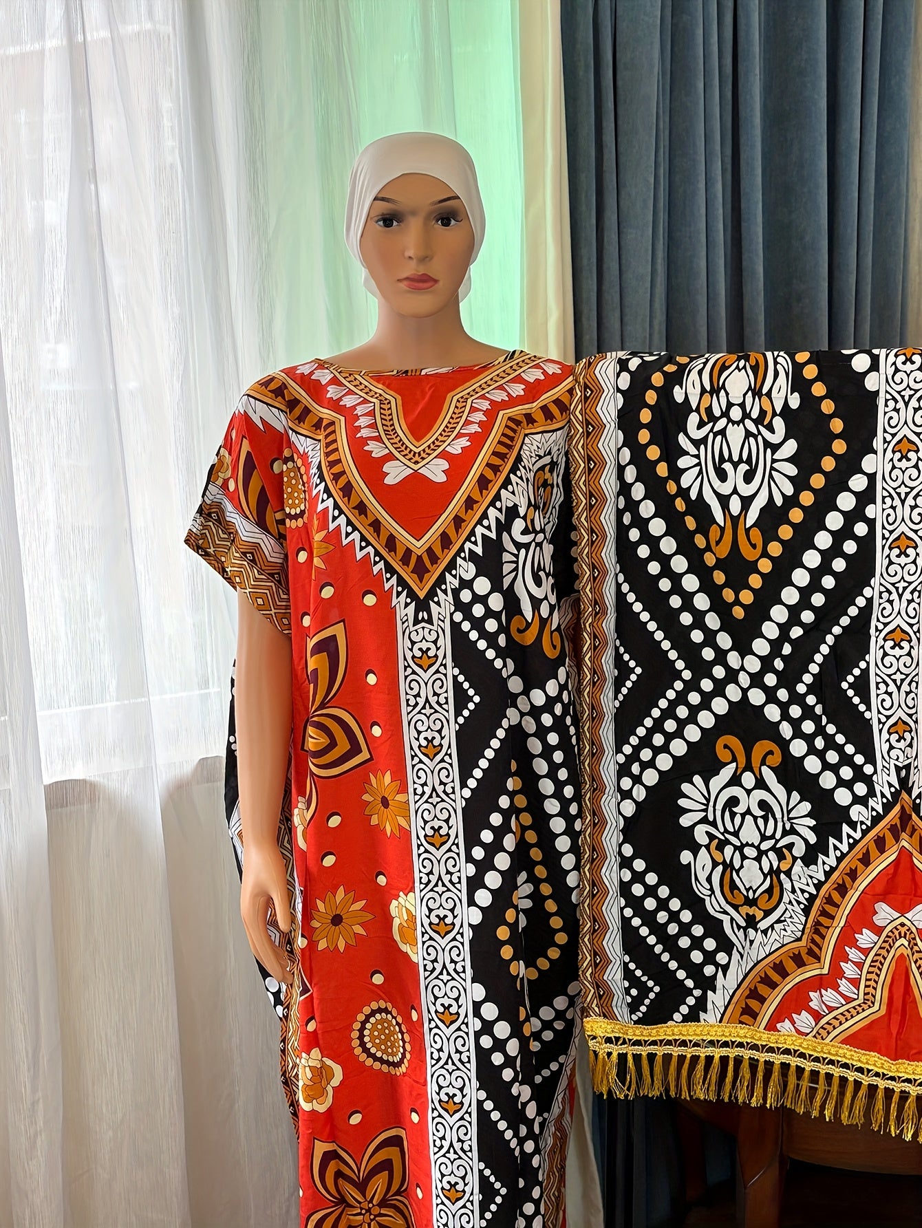 Plus Size Womens Red Black Geometric Kaftan Summer Dress Casual Tassel