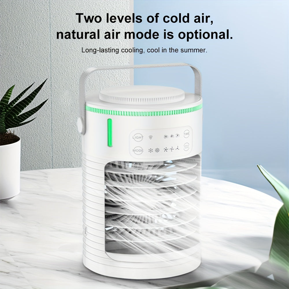 Rangli chiroqlar bilan portativ mist ventilyatori, 3 tezlik, USB quvvati, sensorli boshqaruv