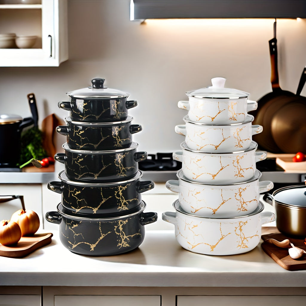 Enamel Cookware Set of 5 Durable Pots and Pans for Gas Induction and Open Flame Stoves