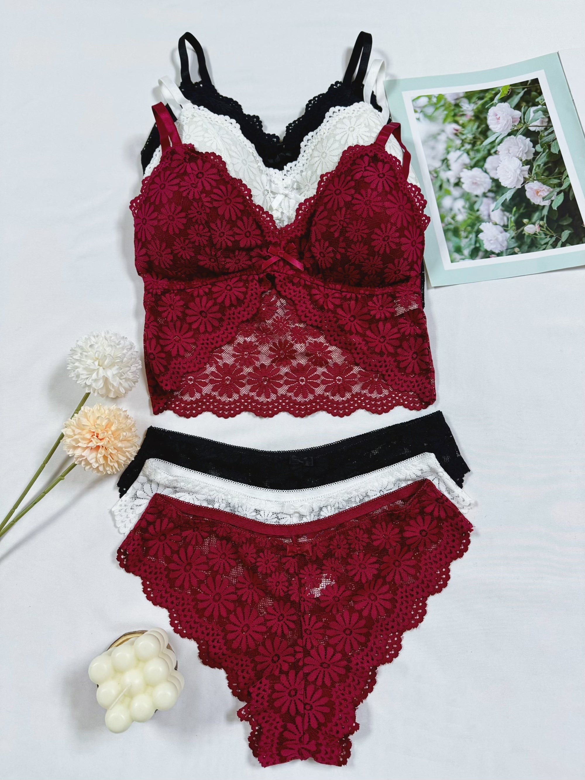 Maroon Lingerie Set with Floral Lace Bra and Matching Panties for Teens