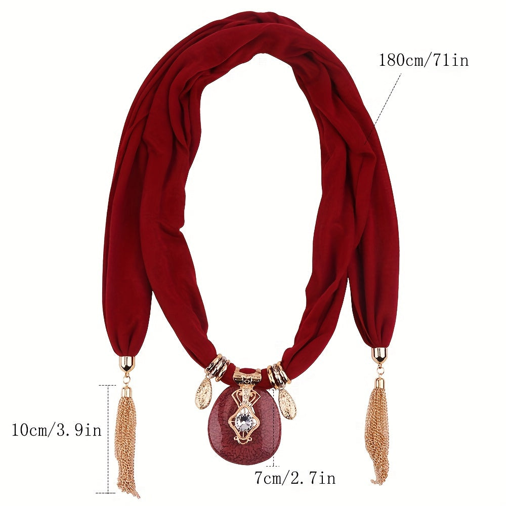 Women’s Thin Solid Color Scarf with Vintage Chain Tassel Pendant and Crystal Accent