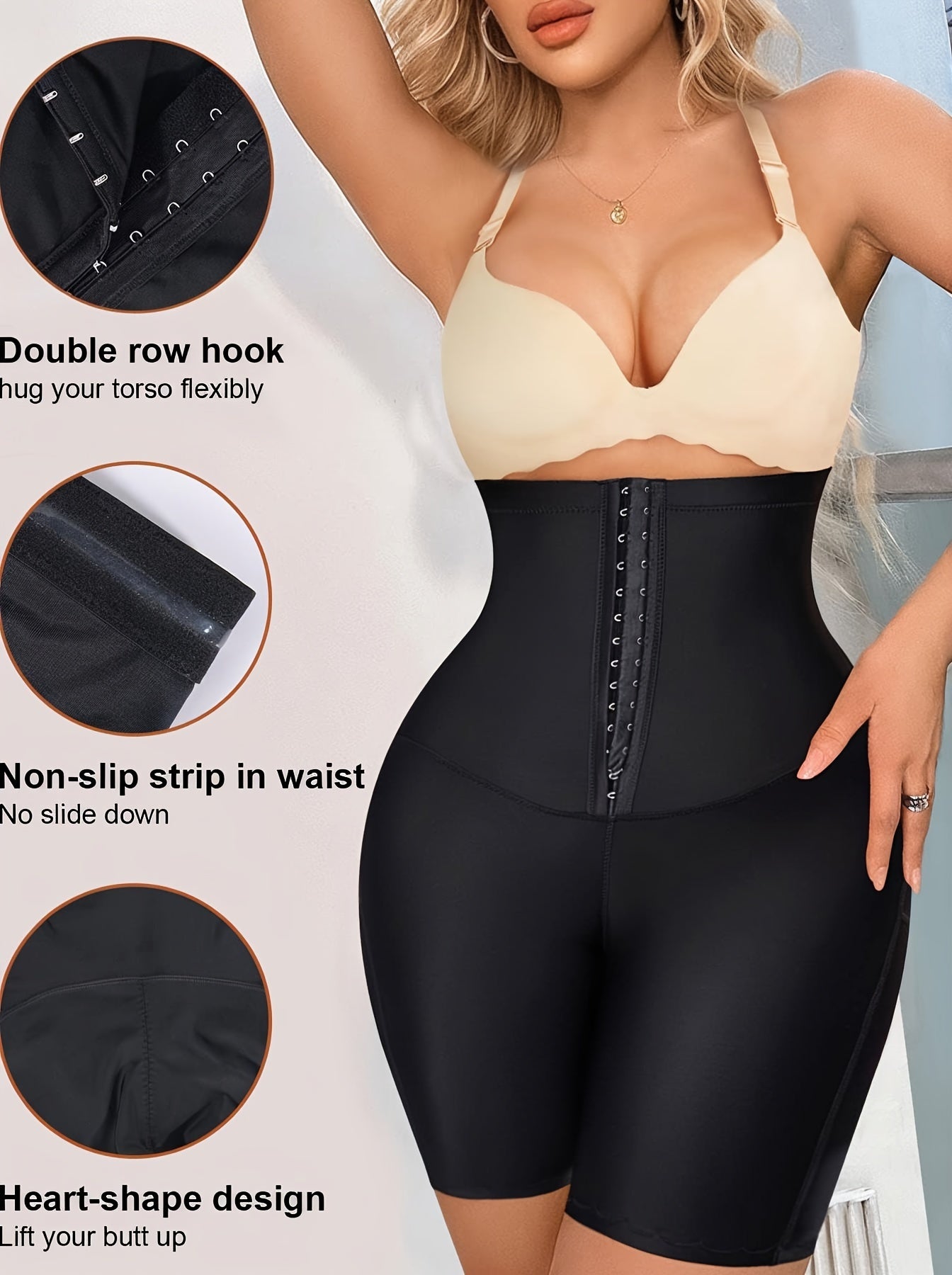 High Waist Compression Shorts with Front Buckle Tummy Control Solid Color Shapewear