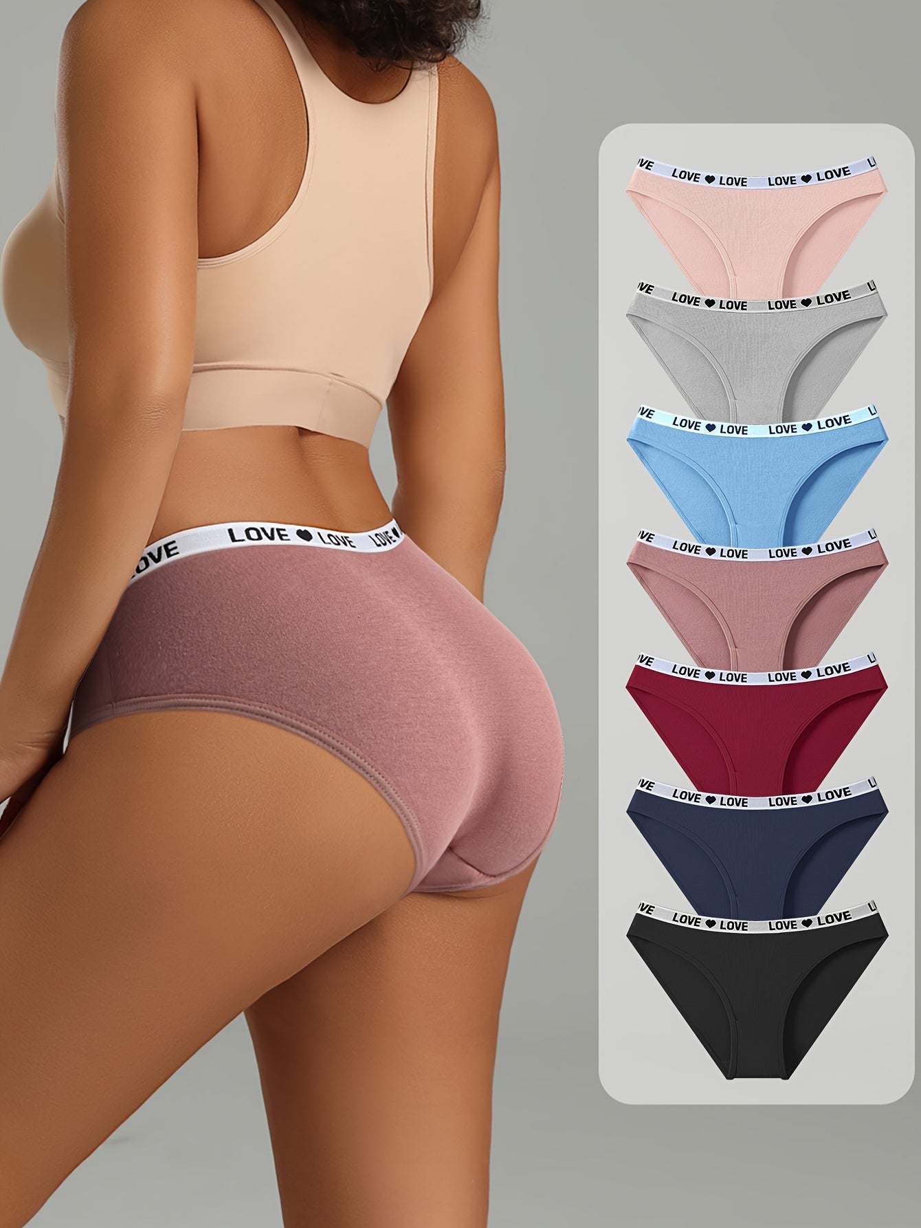 7-Piece Women's Cotton Briefs Set with Letter and Heart Tape Design Breathable Stretchy Lingerie