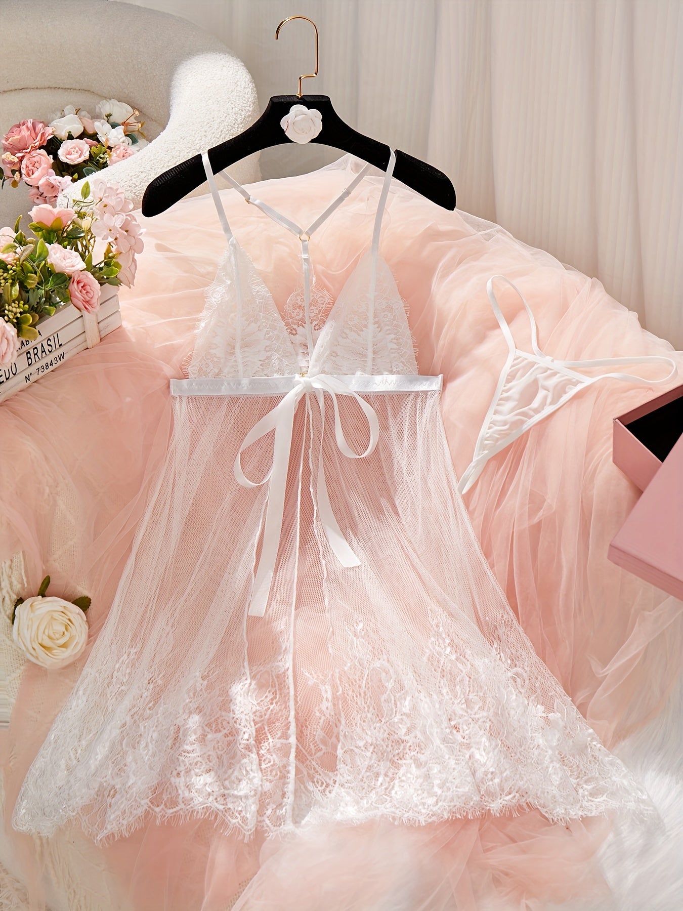 Women's Sheer Lace Babydoll Set with Matching Thong for Bridal Nightwear