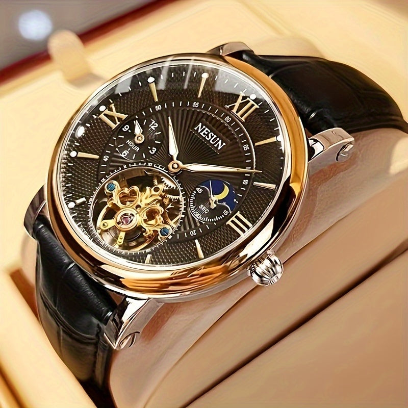 Men's Mechanical Watch Luminous Hollow Business Stainless Steel Leather Strap
